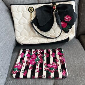 Betsey Johnson Black white faux Leather Quilted Hearts Bows Tote Bag + Wristlet